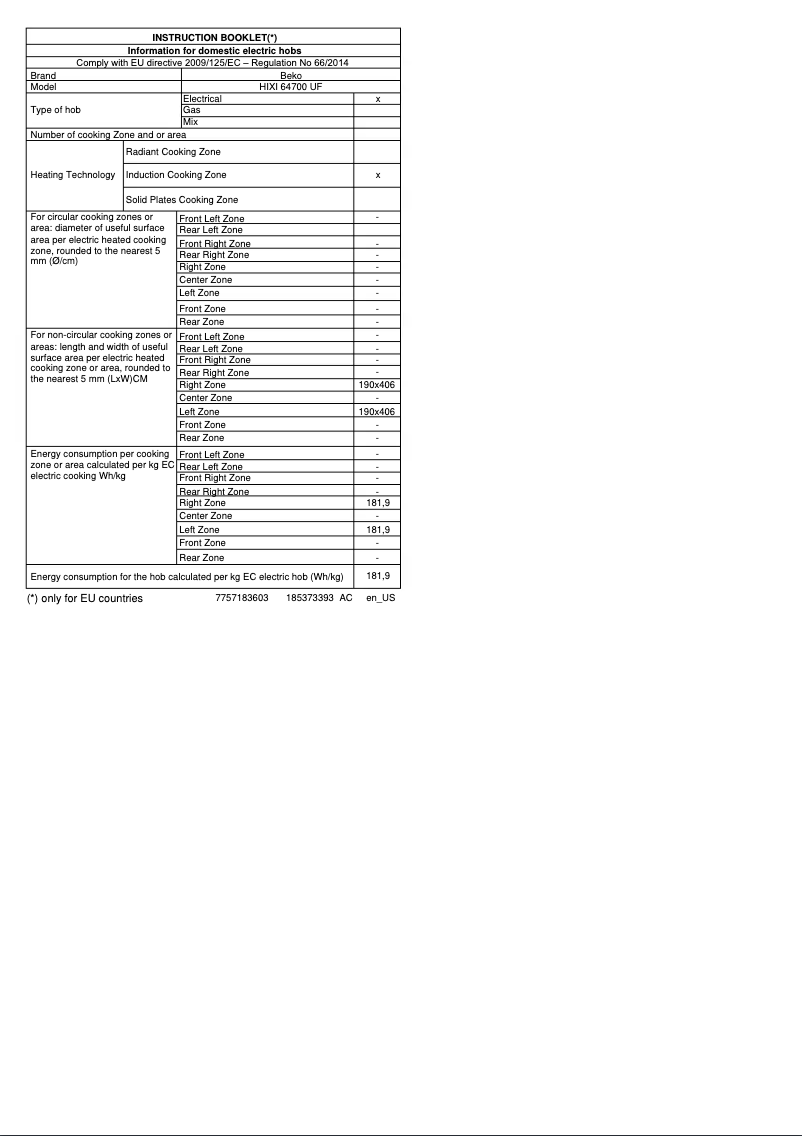 Page 1 de la notice Fiche technique Beko HIXI 64700 UF