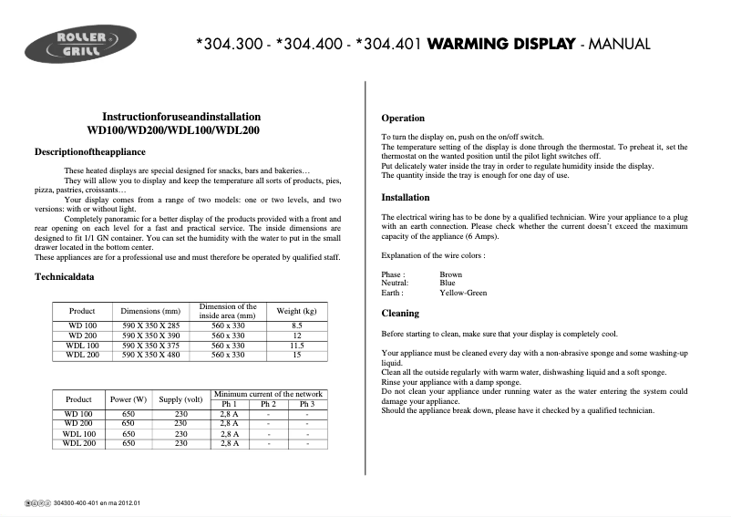 Page 1 de la notice Manuel utilisateur Roller Grill 304401