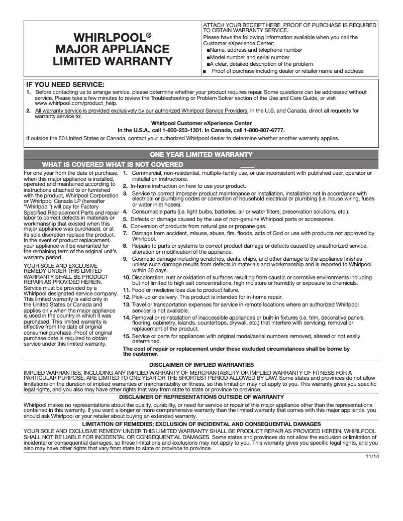 Page n°1 - Informations de garantie Whirlpool WML55011HW