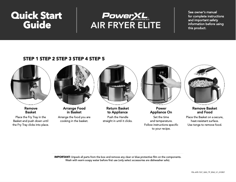Page 1 de la notice Guide de démarrage rapide PowerXL Air Fryer Elite GLA-502S