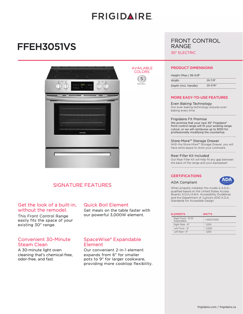 Página 1 del manual Ficha técnica Frigidaire FFEH3051VS