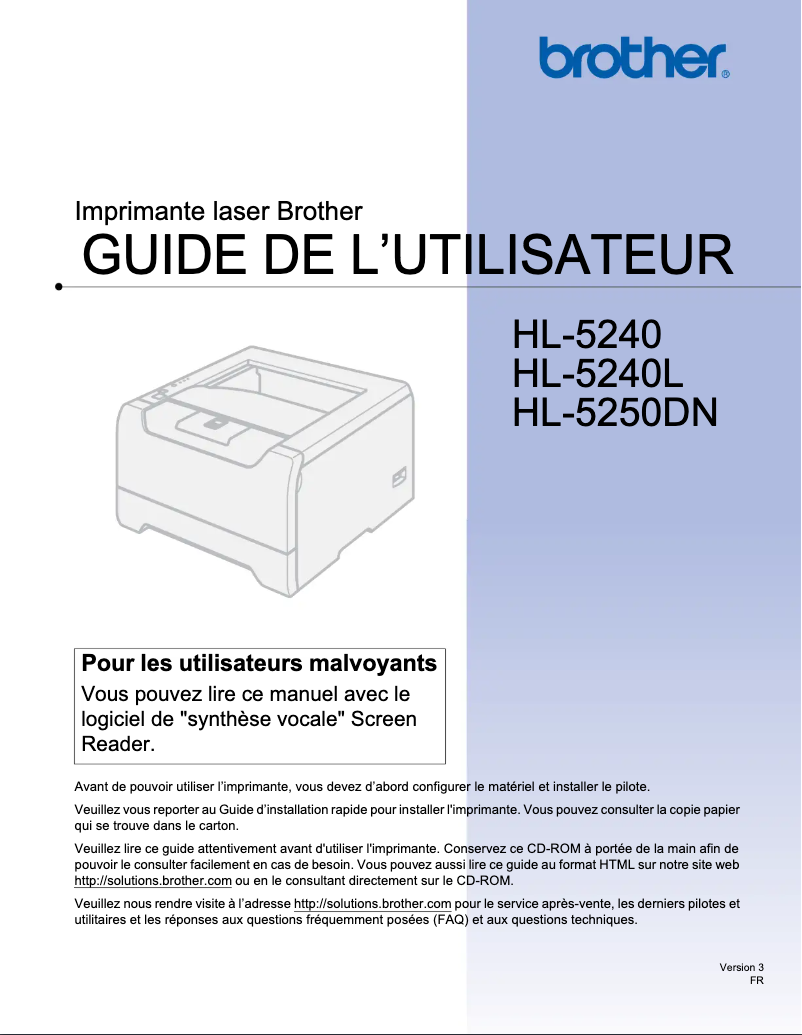 Page 1 de la notice Manuel utilisateur Brother HL-5250DN