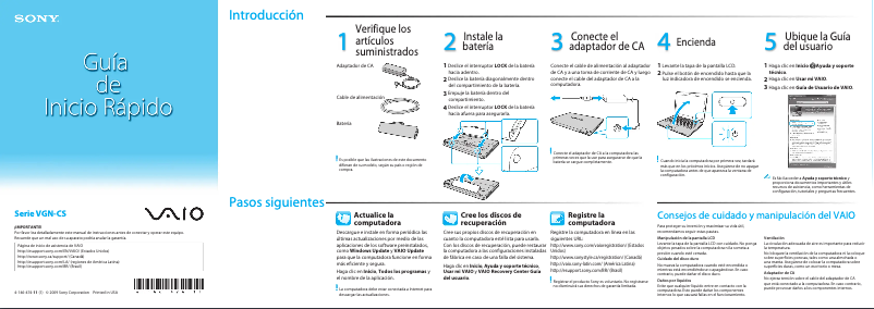 Page 1 de la notice Guide d'installation Sony Vaio VGN-CS390