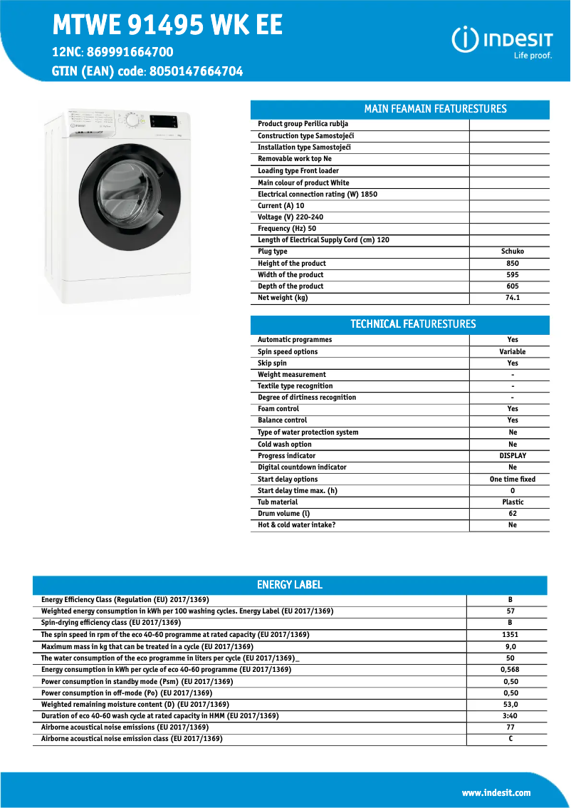 Page n°1 - Fiche technique Indesit MTWE 91495 WK EE