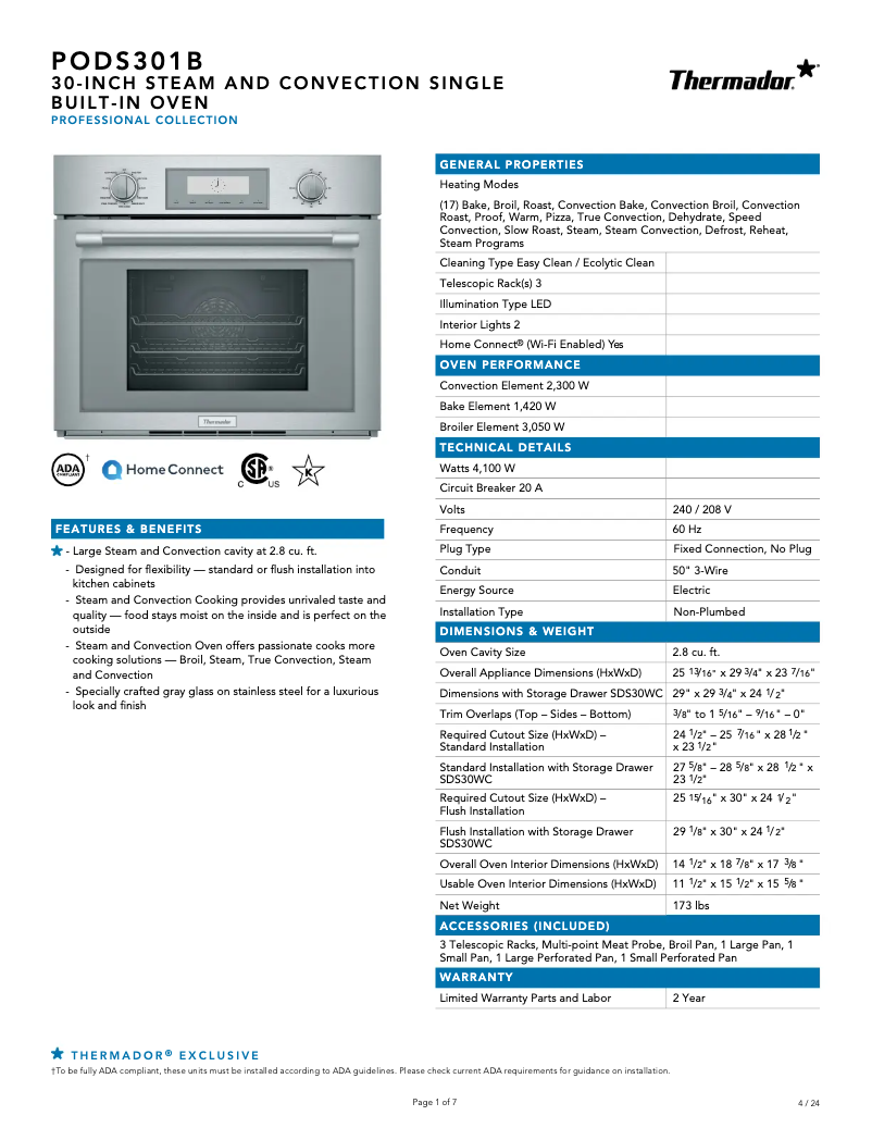 Page 1 de la notice Fiche technique Thermador PODS301B