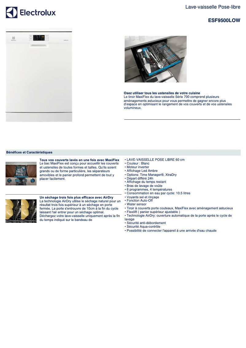 Page 1 de la notice Fiche technique Electrolux ESF9500LOW