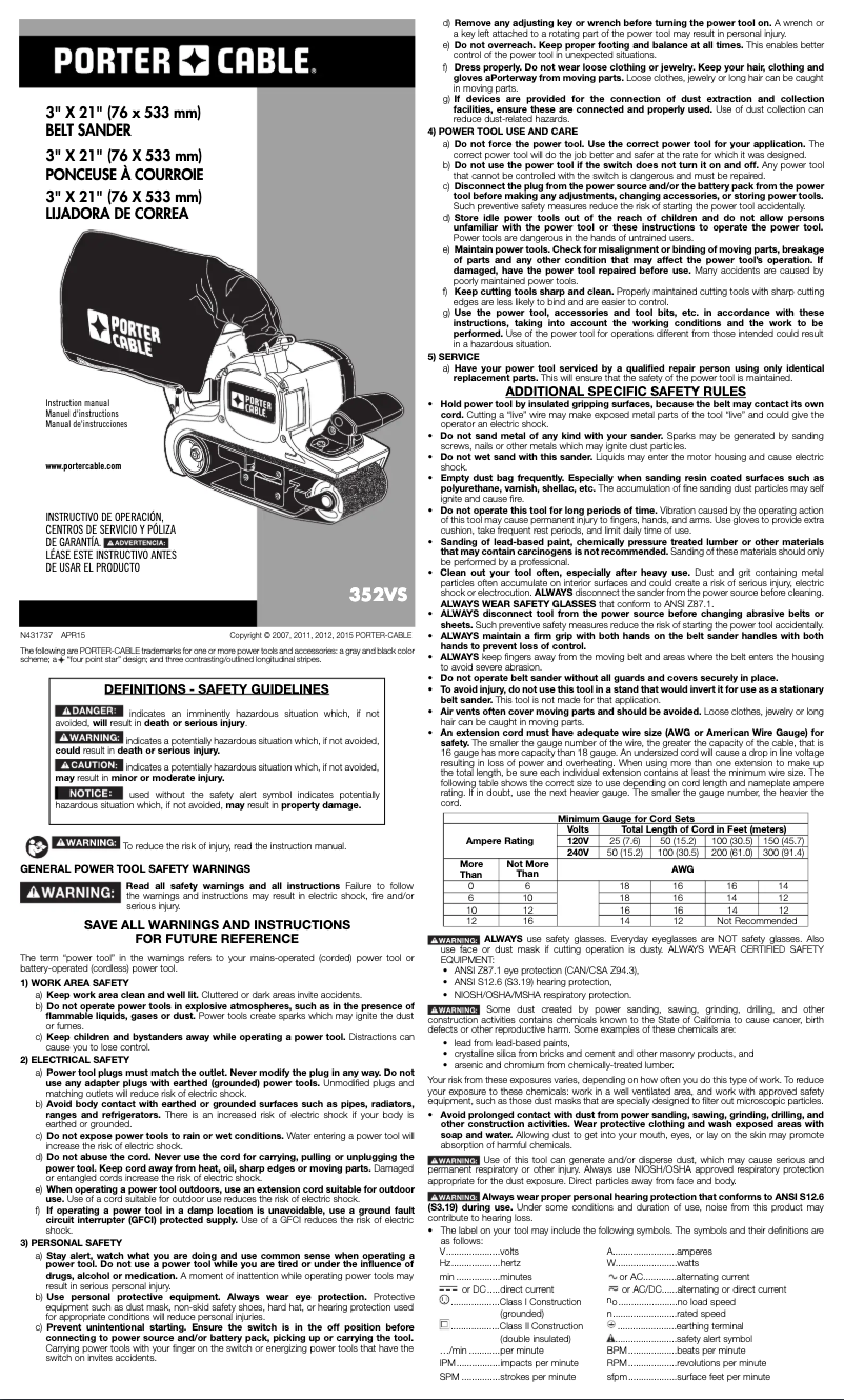 Page 1 de la notice Manuel utilisateur Porter-Cable 352VS