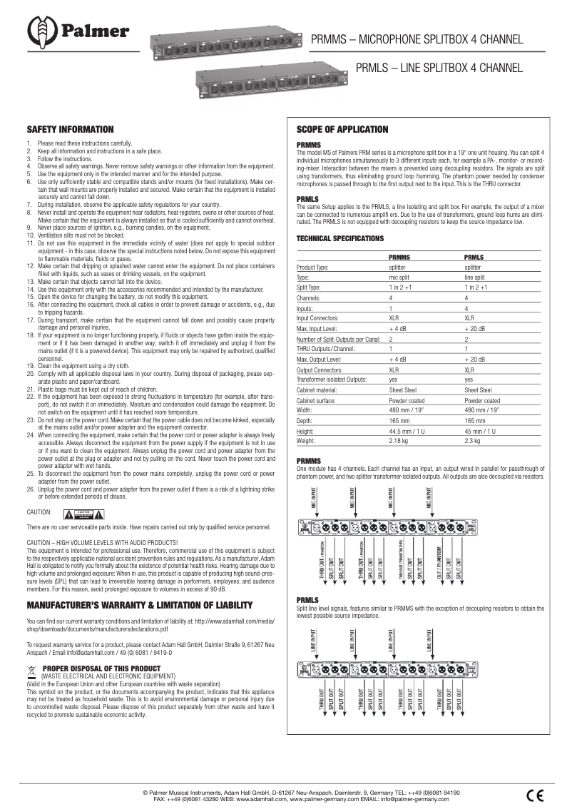 Page 1 de la notice Manuel utilisateur Palmer PRMMS