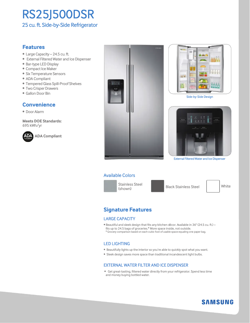 Page 1 de la notice Fiche technique Samsung RS25J500D