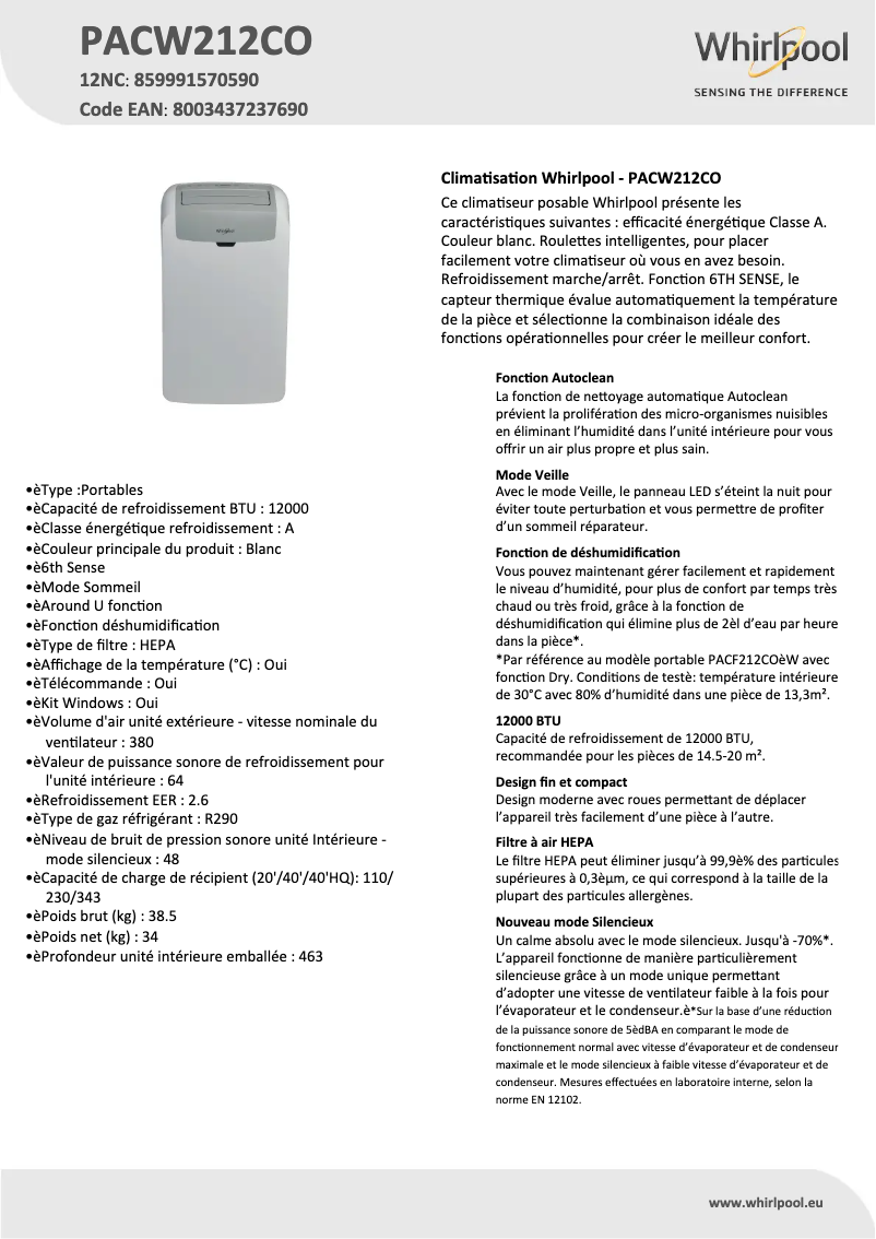 Page 1 de la notice Fiche technique Whirlpool PACW212CO