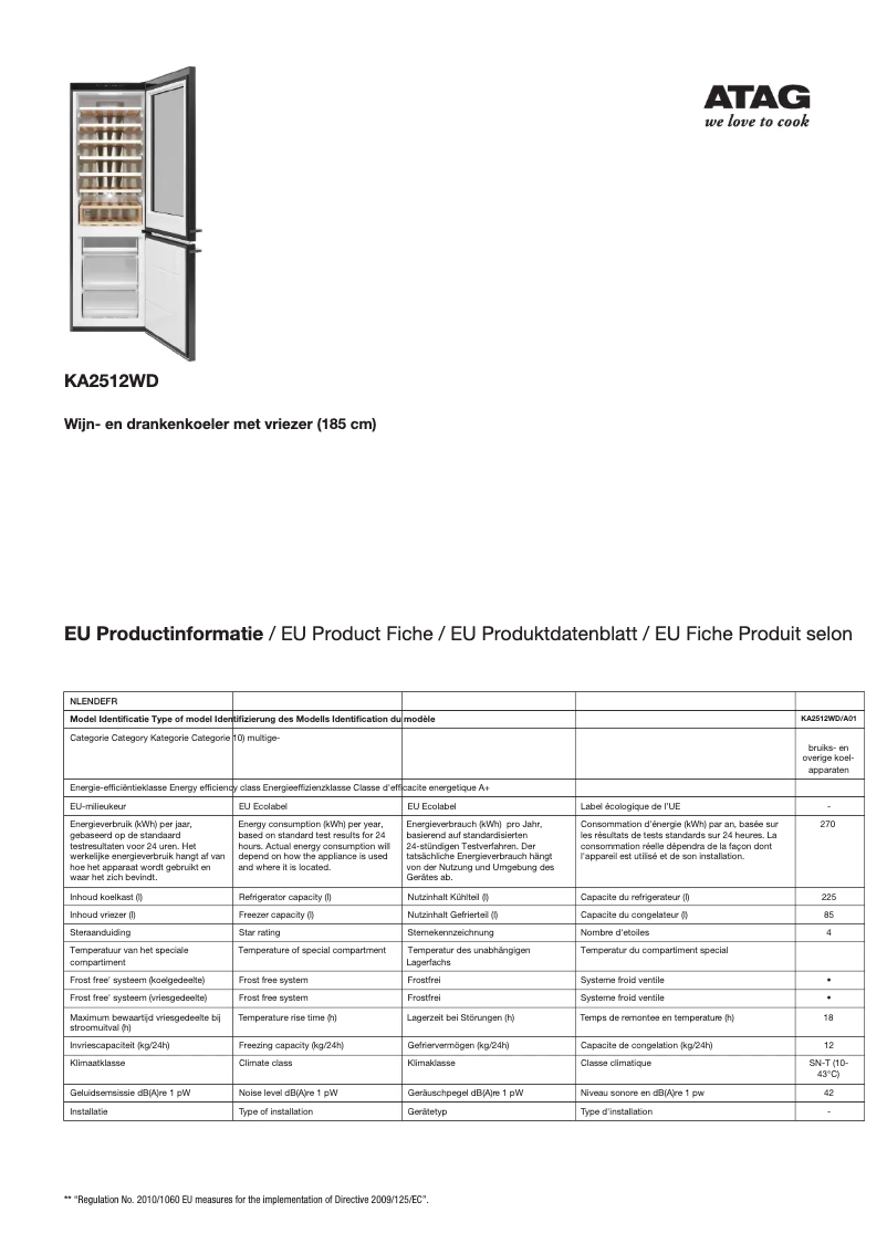 Page 1 de la notice Fiche technique Atag KA2512WD