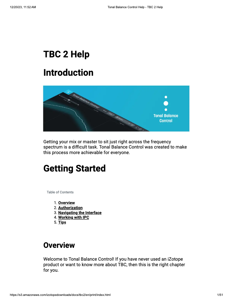 Page 1 de la notice Manuel utilisateur iZotope Tonal Balance Control 2