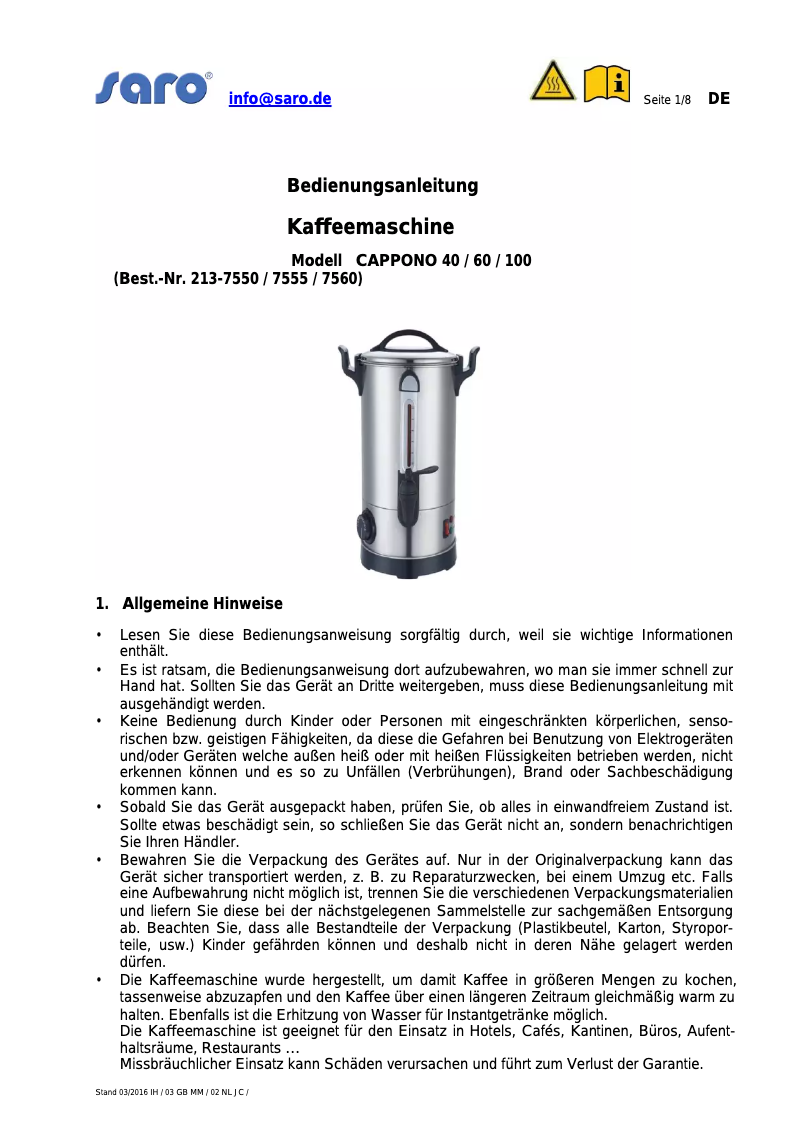 Página 1 del manual Manual de usuario Saro Cappono 40