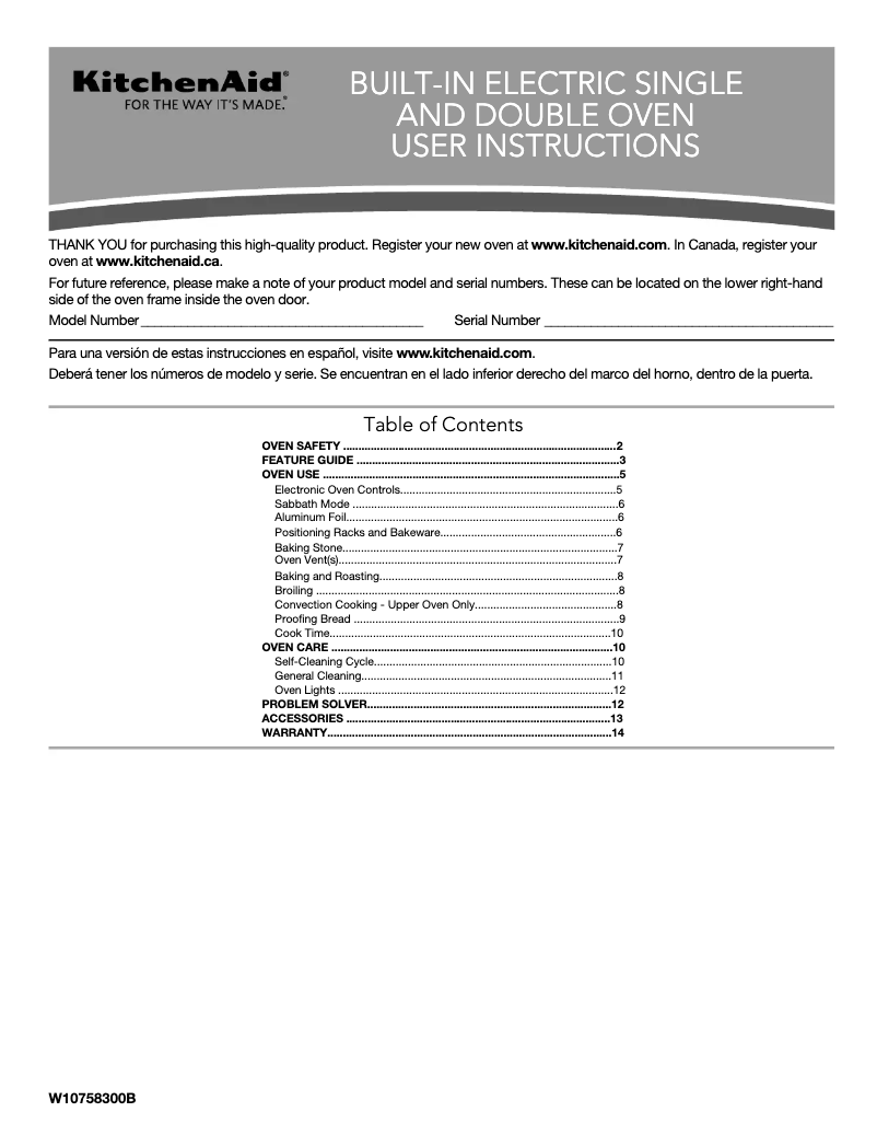 Page 1 de la notice Manuel d'utilisation et d'entretien KitchenAid KODC304EBL