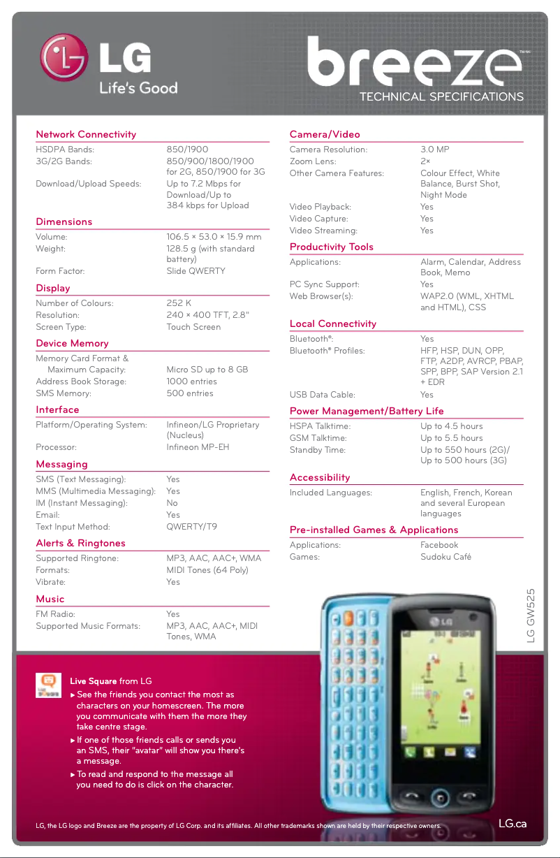 Page 1 de la notice Fiche technique LG GW525G