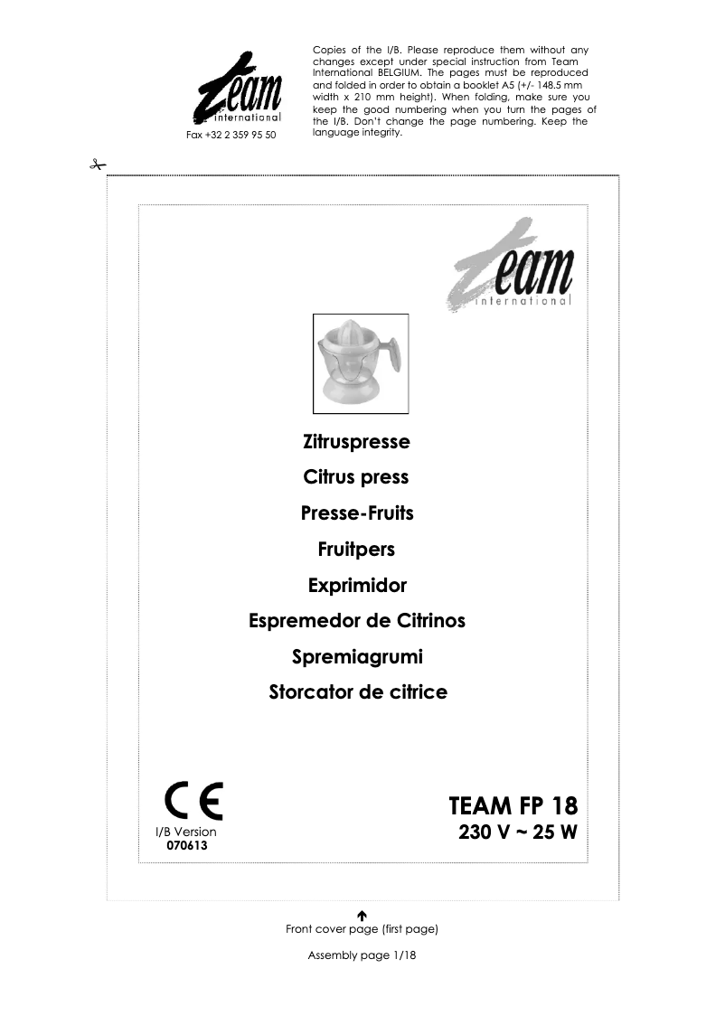 Image de la première page du manuel de l'appareil FP 18