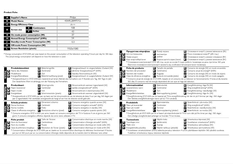Page n°1 - Fiche technique Philips 43HFL2849T