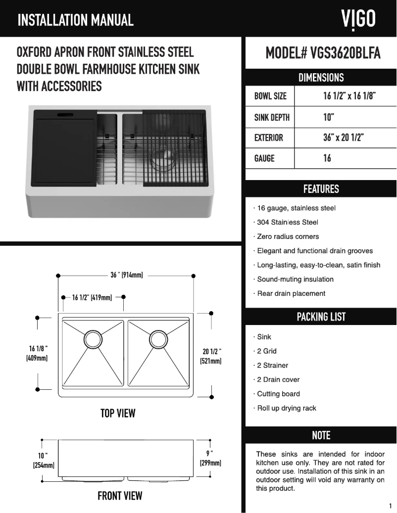 Page 1 de la notice Manuel utilisateur Vigo Oxford VGS3620BLFA