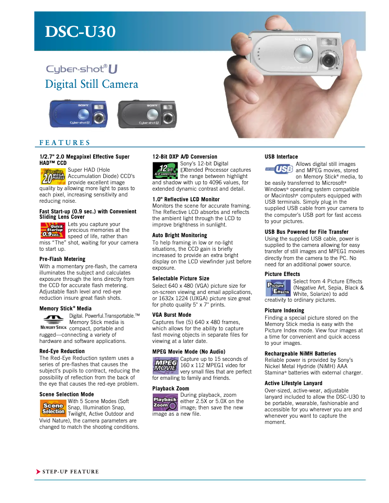Page 1 de la notice Fiche technique Sony Cybershot DSC-U30