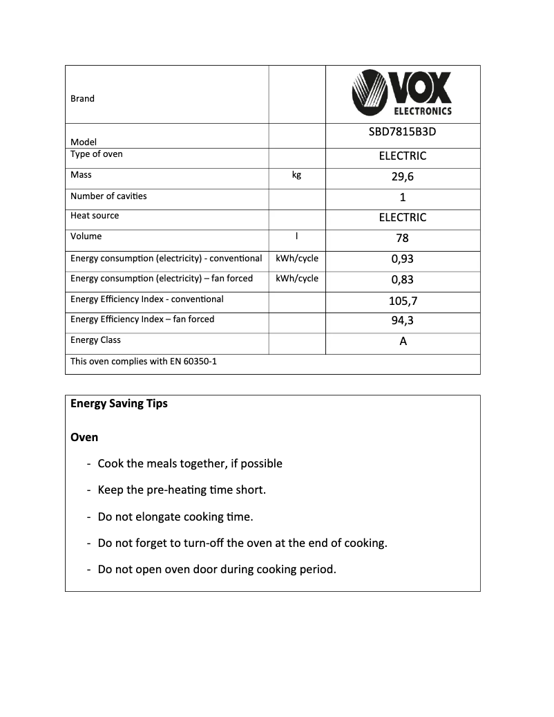 Page 1 de la notice Fiche technique VOX SBD7815B3D