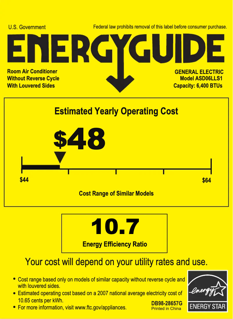 Page 1 de la notice Label énergétique GE ASD06LL