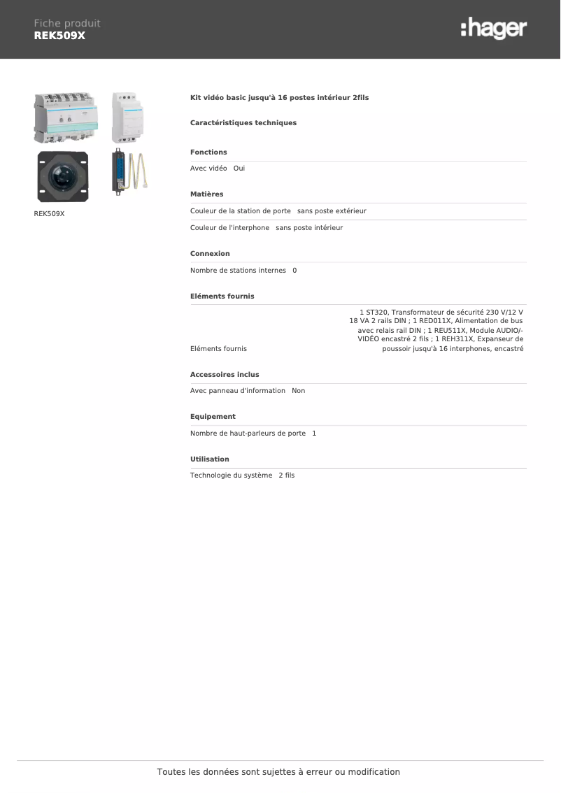 Page n°1 - Fiche technique Hager REK509X