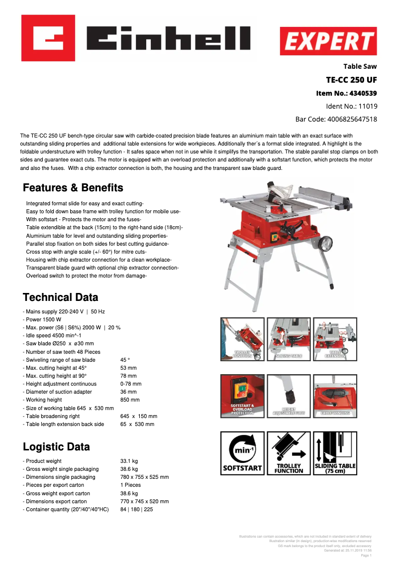 Page n°1 - Fiche technique Einhell TE-CC 250 UF