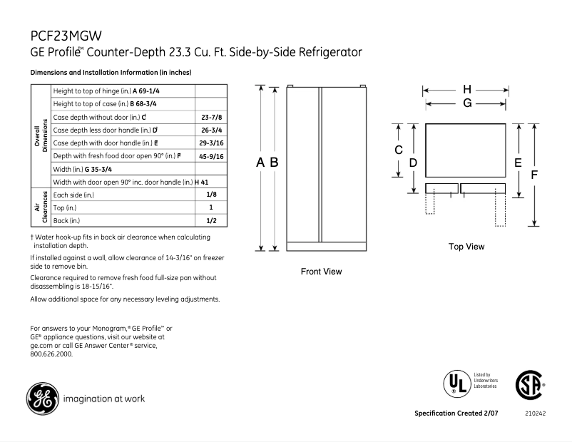 Page n°1 - Fiche technique GE Profile PCF23MGWWW