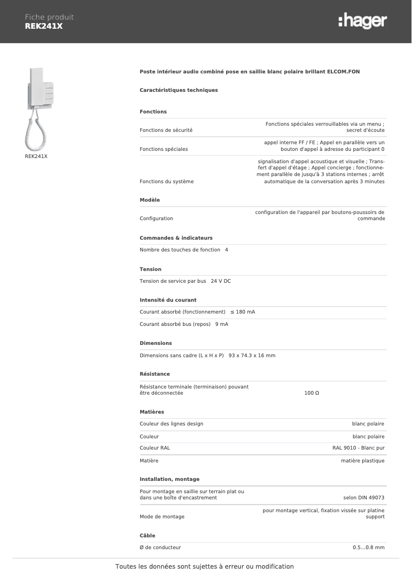 Image de la première page du manuel de l'appareil REK241X