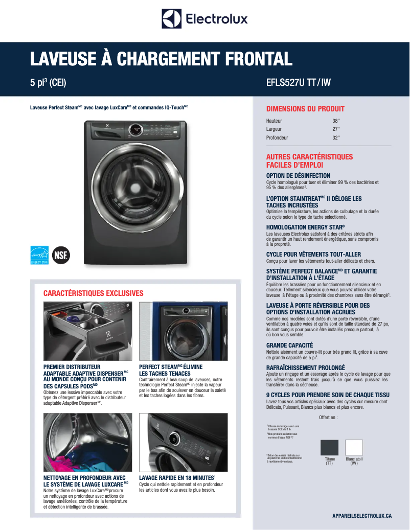 Page 1 de la notice Fiche technique Electrolux EFLS527UIW