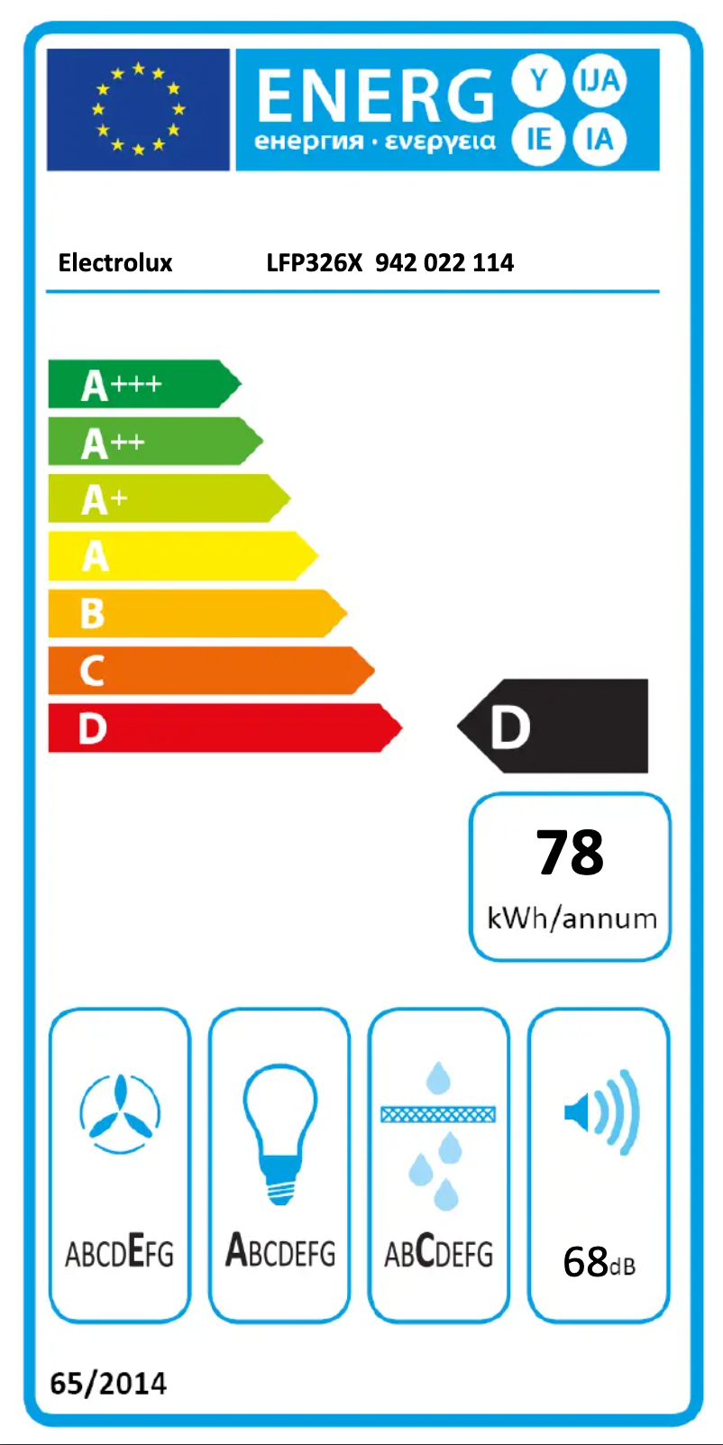 Page 1 de la notice Label énergétique Electrolux LFP326X