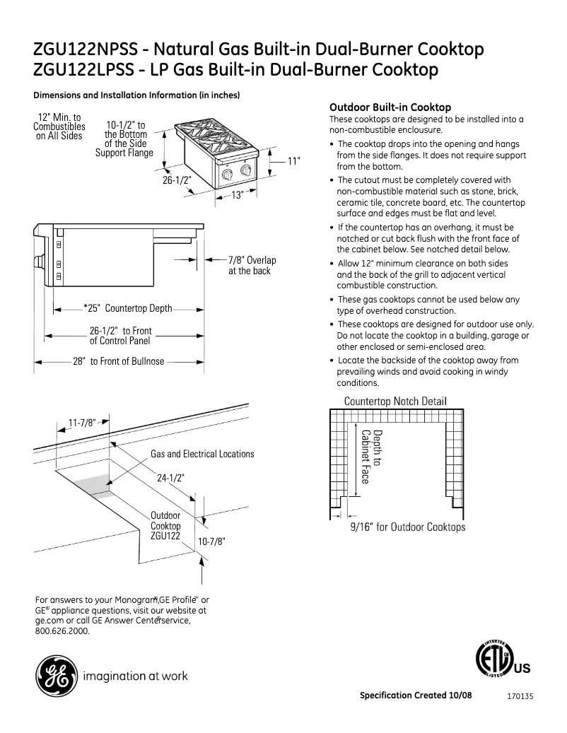 Page 1 de la notice Fiche technique GE ZGU122LPSS