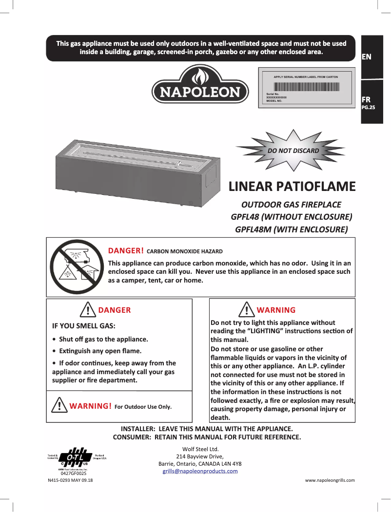 Page 1 de la notice Manuel utilisateur Napoleon GPFL48MHP
