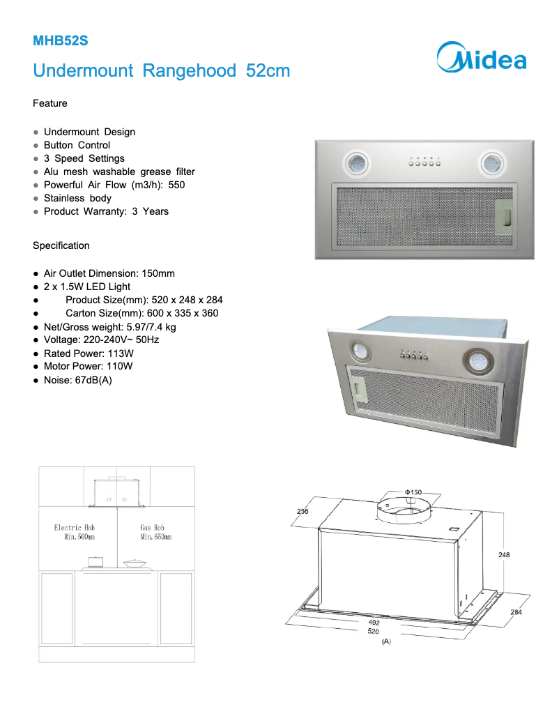 Page n°1 - Fiche technique Midea MHB52S
