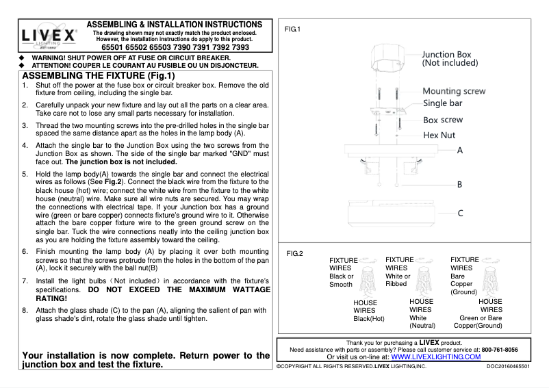 Page 1 de la notice Manuel utilisateur Livex Lighting 7390-91