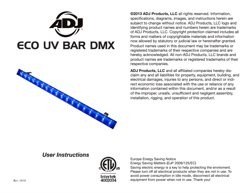 Page n°1 - Manuel utilisateur American DJ Eco UV Bar DMX