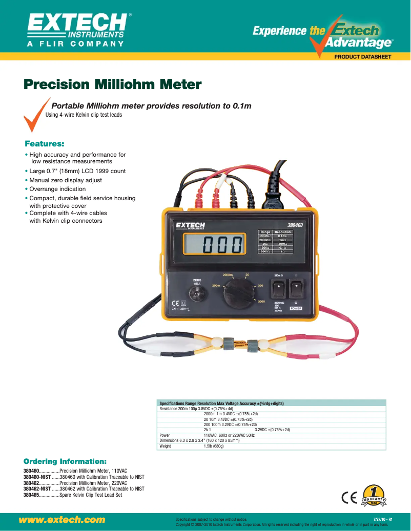 Page 1 de la notice Fiche technique Extech 380462
