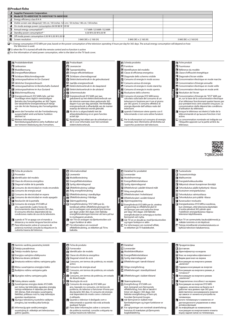 Página 1 del manual Ficha técnica Panasonic TX-58DX703E