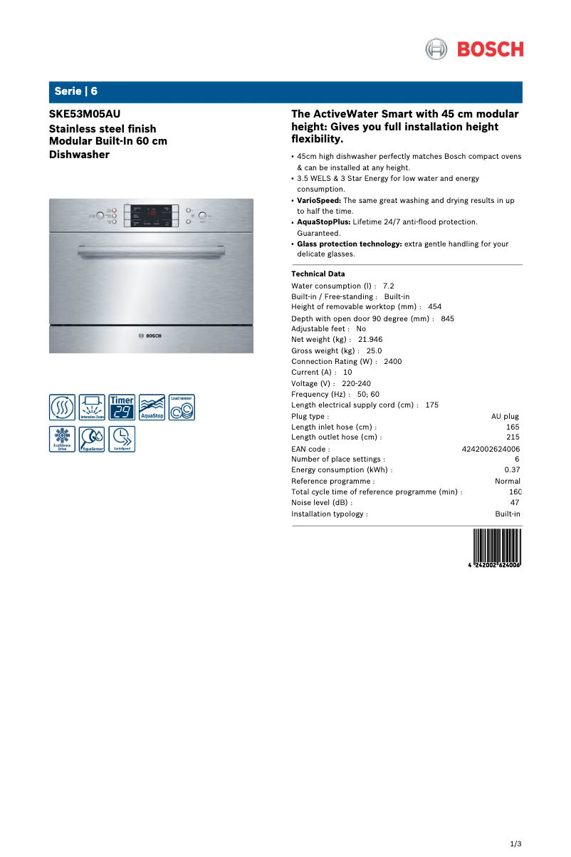 Page 1 de la notice Fiche technique Bosch SKE53M05AU