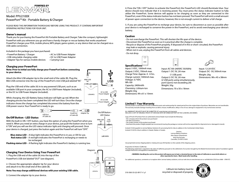 Page 1 de la notice Manuel utilisateur Lenmar PowerPort Kit