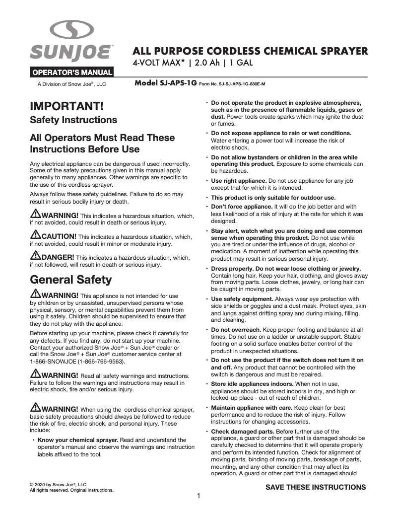 Page n°1 - Manuel utilisateur Snow Joe SJ-APS-1G
