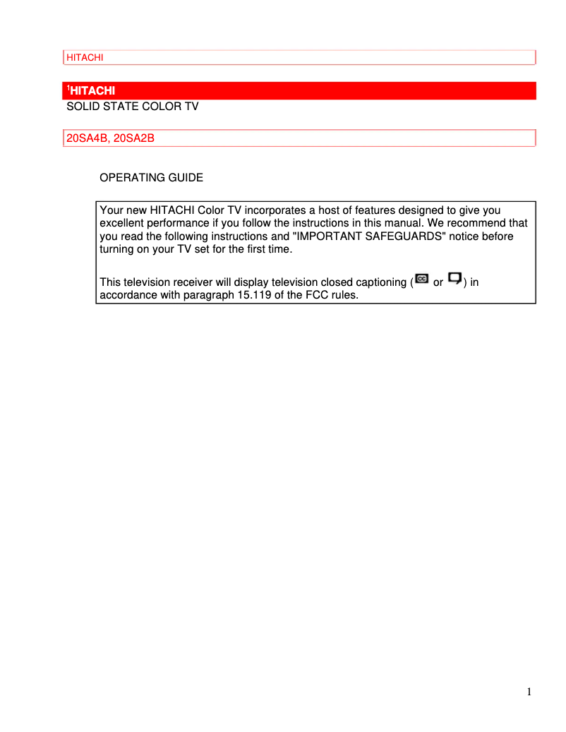 Page 1 de la notice Manuel utilisateur Hitachi 20SA4B