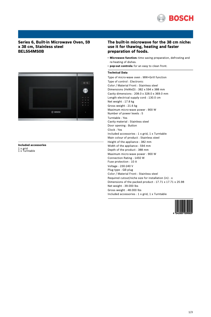 Página 1 del manual Ficha técnica Bosch BEL554MS0B