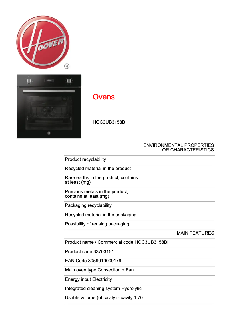 Page n°1 - Fiche technique Hoover H-OVEN 300 HOC3UB3158BI
