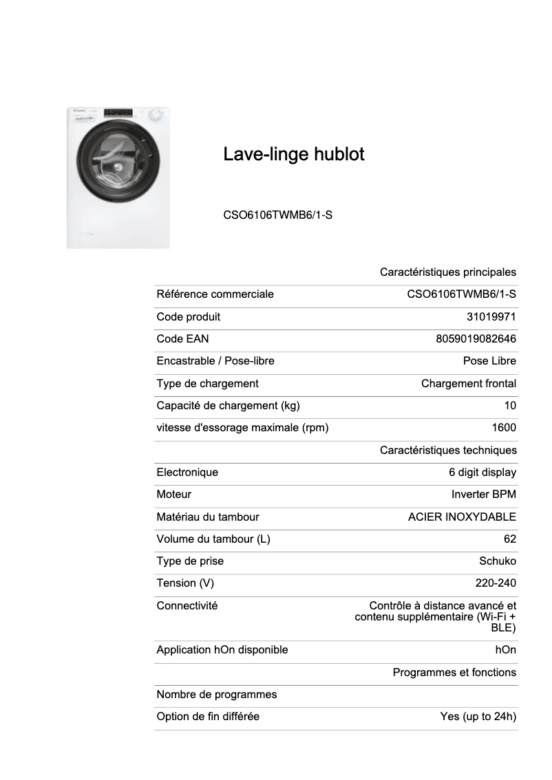 Page 1 de la notice Fiche technique Candy CSO6106TWMB6/1-S