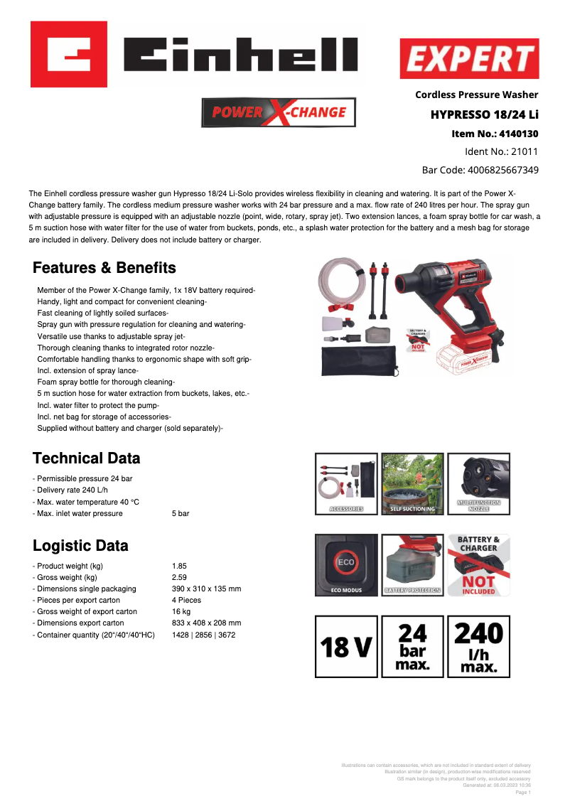 Page 1 de la notice Fiche technique Einhell HYPRESSO 18/24 Li