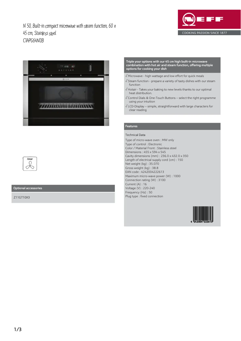 Page n°1 - Fiche technique Neff C1APG64N0B