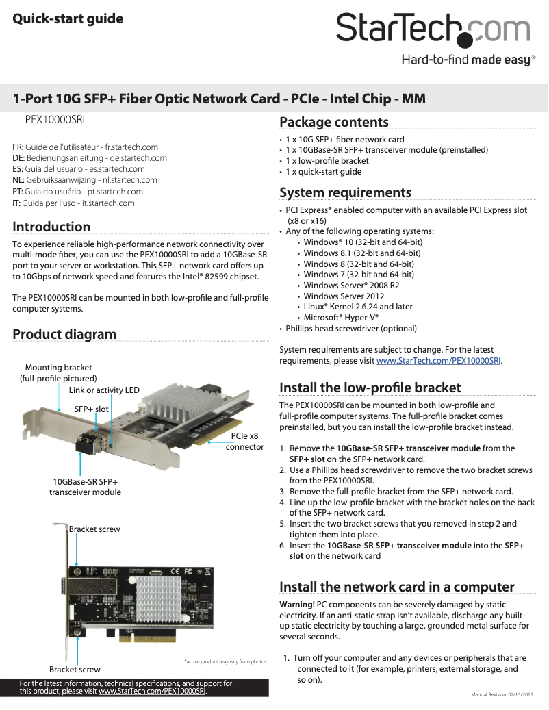 Page n°1 - Manuel utilisateur StarTech.com PEX10000SRI