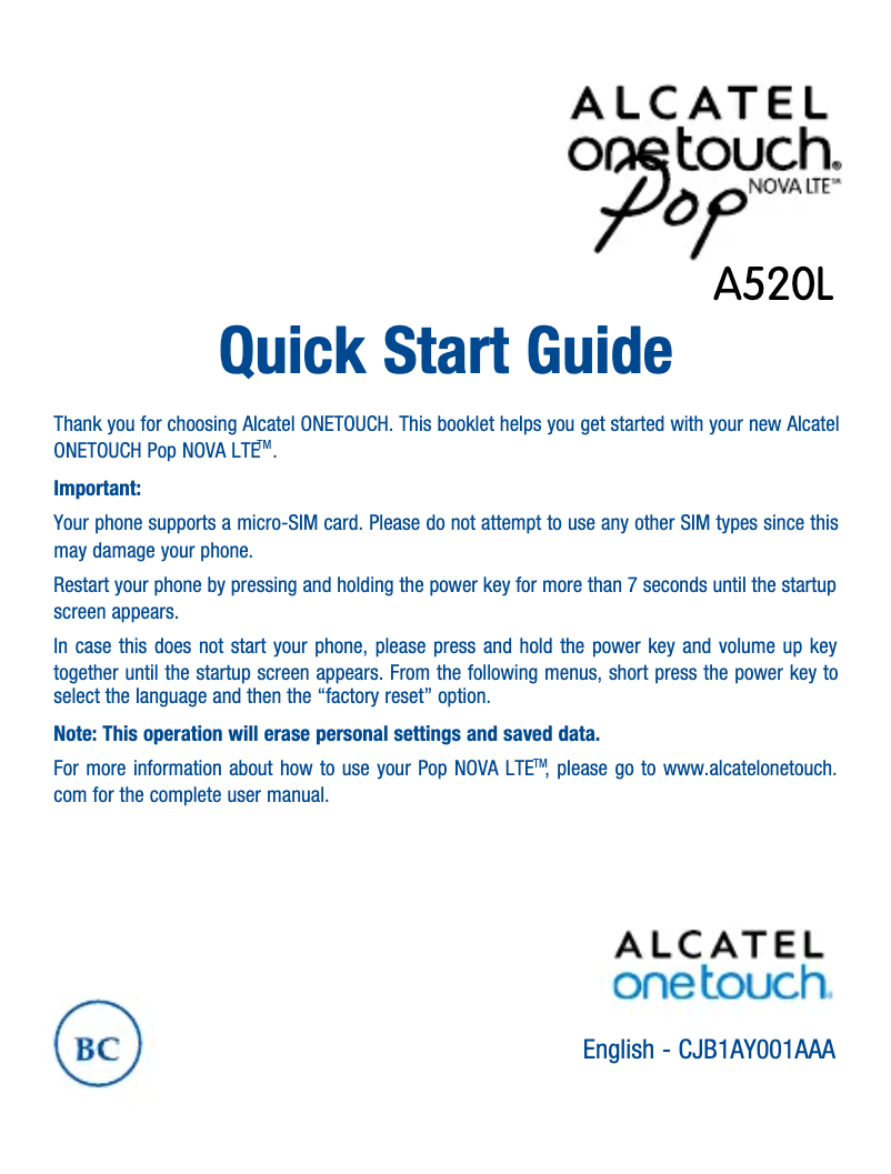 Page 1 de la notice Guide de démarrage rapide Alcatel One Touch Pop Nova
