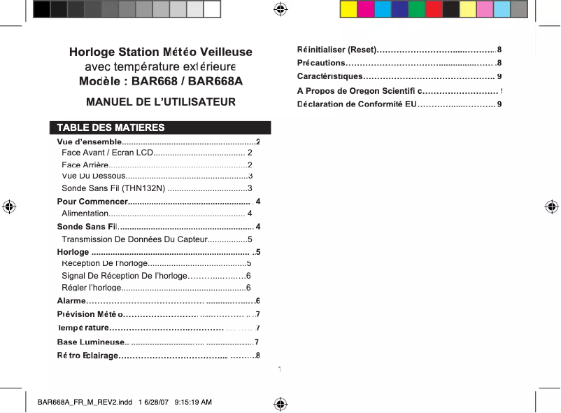 Page 1 de la notice Manuel utilisateur Oregon Scientific BAR668